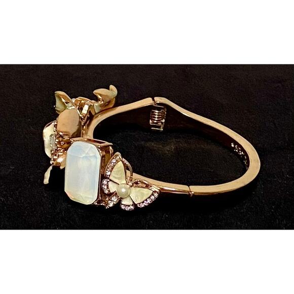 Betsey Johnson Rose Gold Tone Floral Bangle Bracelet with Faux Stones Butterfly - Picture 3 of 7